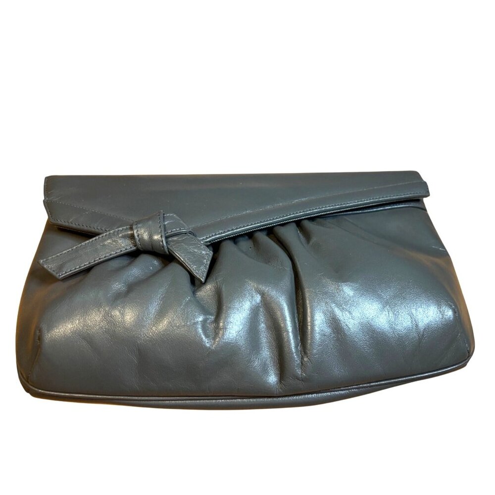 Vintage Morris Moskowitz Clutch Purse Gray Genuine Leather Flap Front Handbag